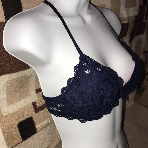 Pink Victoria’s Secret dark blue lace padded push up bra front closure 34B 💕 - Picture 2 of 6